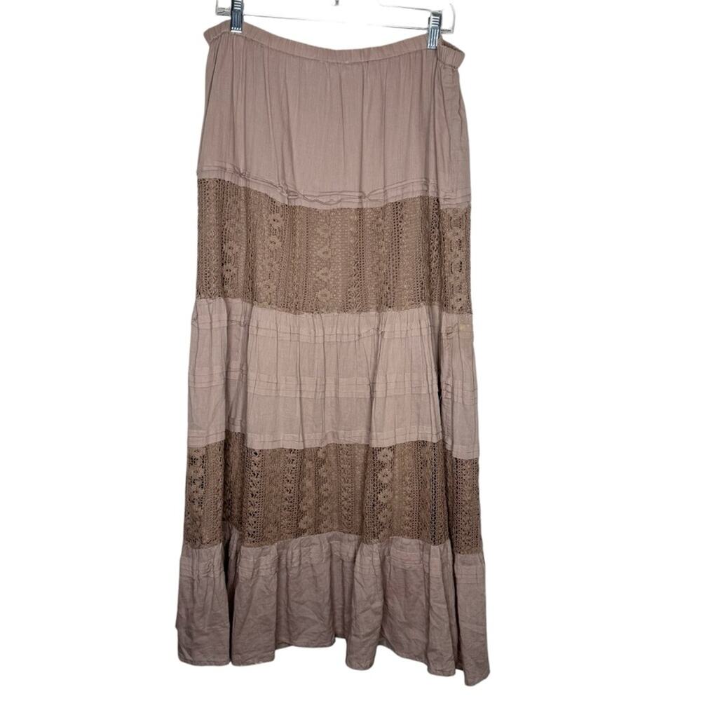 SOLITAIRE / mauve purple tiered lagenlook crochet panel ruffle maxi skirt / L